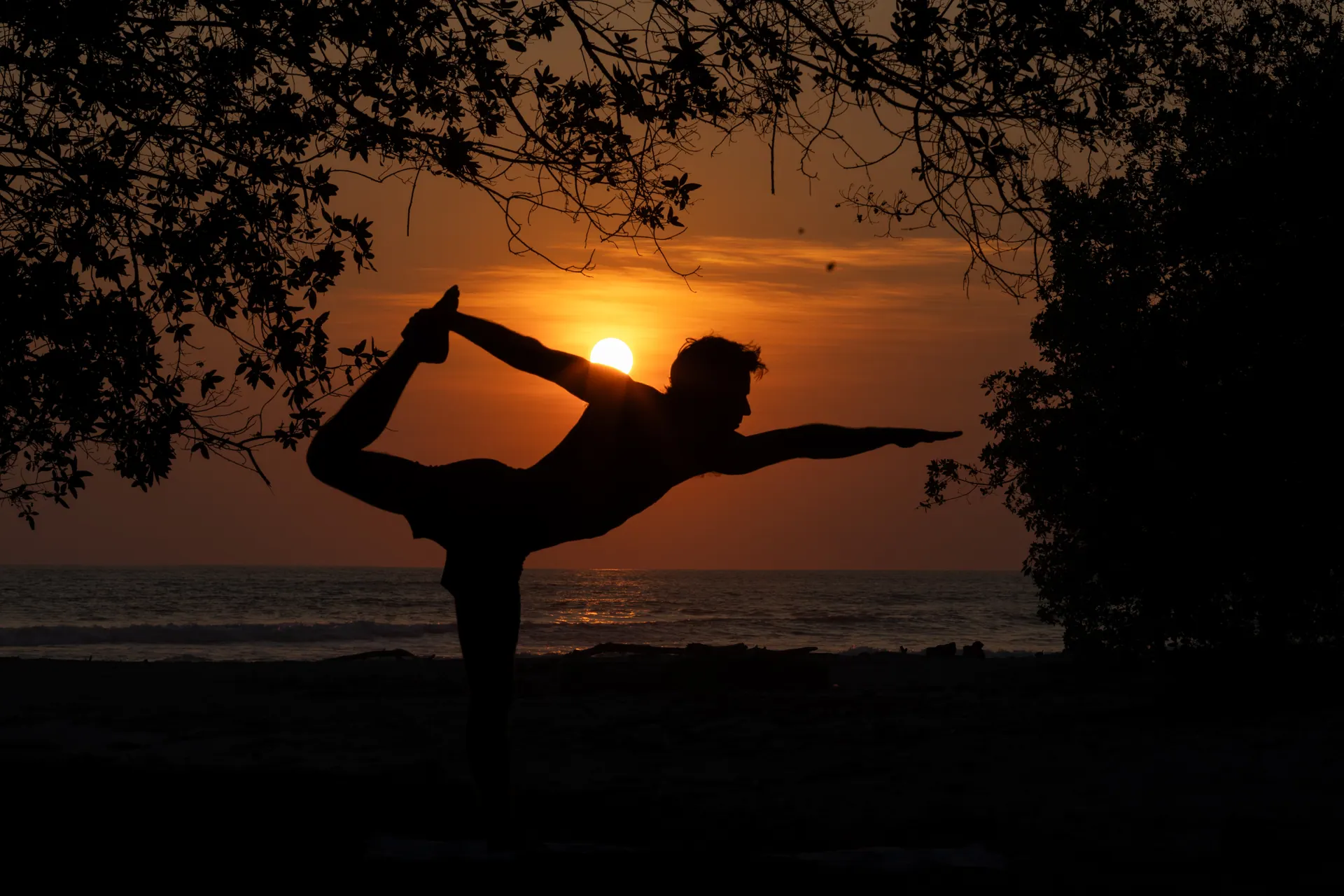 Dancer pose silhouetted inside the setting sun, framed by trees